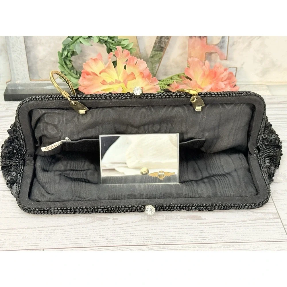 Vtg Magid Black Beaded Clutch Evening Purse Bag Made in Japan With 2 Side Mirror